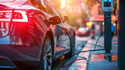 An electric vehicle is being charged at a station, while its wheels, tires, and alloy wheels rest peacefully under the hood. AIG41