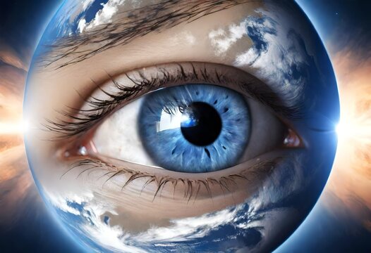 Planet earth and blue human eye. AI generated