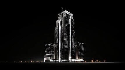 The dark and mysterious skyscraper stands tall against the night sky, its windows reflecting the city lights below.