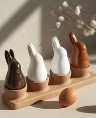 Chic ceramic Easter bunny figures in white and brown hues featuring delicate shadows and soft lighting. Aesthetic Minimalistic Easter bunny decoration. 