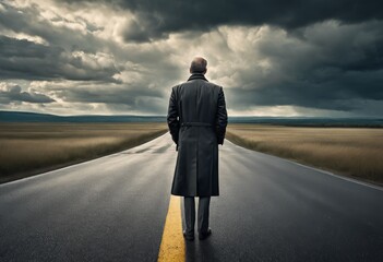 illustration, curious man standing crossroad under cloudy looking into distance ponders his next move, pathway, decision, horizon, choice, contemplation - obrazy, fototapety, plakaty