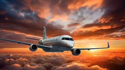 A private jet flies through a cloudy sky at sunset. The plane is white and gray with a red stripe...