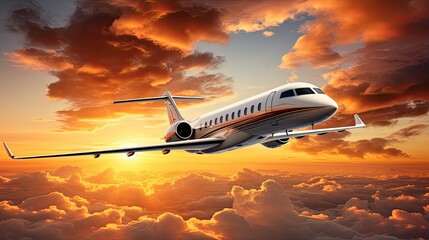 A private jet flies high above the clouds at sunset. The sky is a brilliant orange, and the clouds are a soft, fluffy white. - obrazy, fototapety, plakaty