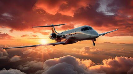 A private jet flies through a vibrant sunset. The plane is sleek and silver, and the sky is a deep...