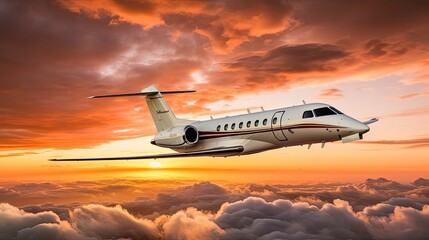 A sleek private jet flies high above the clouds at sunset. The warm colors of the sky and clouds create a stunning backdrop for the aircraft. - obrazy, fototapety, plakaty