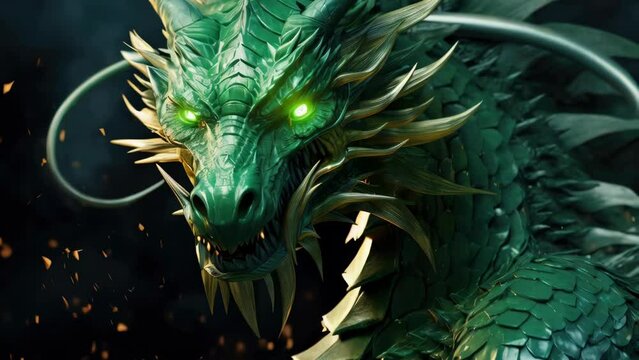 Detailed image of a green dragon with glowing eyes, perfect for fantasy themes.