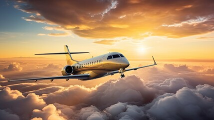 A sleek private jet flies high above the clouds at sunset. - obrazy, fototapety, plakaty
