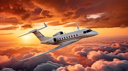 A private jet flies high above the clouds at sunset. The sky is a brilliant orange and the clouds are a soft pink.