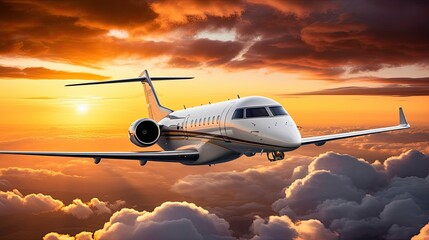 A private jet flies high above the clouds at sunset. The sky is a brilliant orange and yellow, and the clouds are a soft, fluffy white.