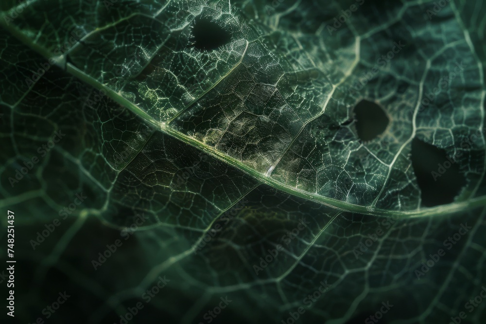 Poster an extreme close-up of a leaf's surface showing intricate details and textures