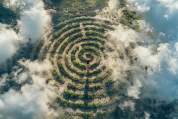 An overhead shot captures a single individual standing at the center of a circular labyrinth surrounded by nature and clouds