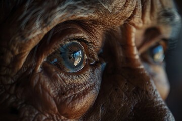 Naklejka premium This detailed image showcases the deep wrinkles and a clear reflection in the eye of an elderly person, evoking a sense of wisdom