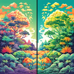 Fototapeta na wymiar A before-and-after illustration of brain activity with and without marijuana. DMT art style