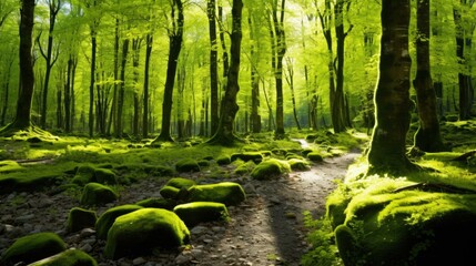 The lush green forest is bathed in sunlight. The mossy rocks and boulders are scattered throughout...