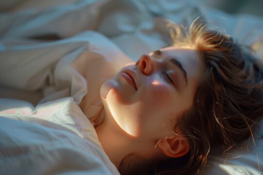 Peaceful scene of a person resting in bed, covered in sheets, with their hair sprawled on the pillow