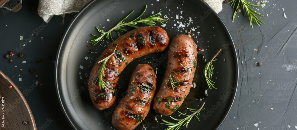 Poster Two succulent sausages, seasoned with aromatic herbs, resting on a white plate. The sausages appear juicy and perfectly cooked, emitting enticing aromas.