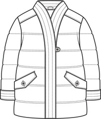 Coat Design for Girls, Snow Coat Vector Flat Sketch, Technical Drawing, Clothing Fashion. Black and white Coat design vector illustration for winter fashion. Outerwear waterproof clothing.