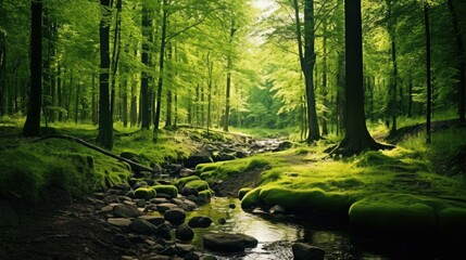 The sun shines through the tall trees of a lush green forest. - obrazy, fototapety, plakaty