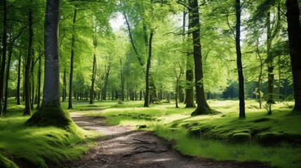 The lush green trees of the forest create a dense canopy, blocking out most of the sunlight.