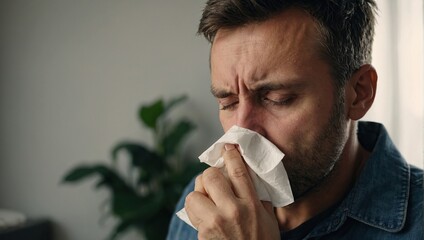 Man, blowing nose and sneezing for allergies, sick with influenza and tissue , Hayfever, sinus or virus with toilet paper for cold, flu and mucus with burnout - obrazy, fototapety, plakaty
