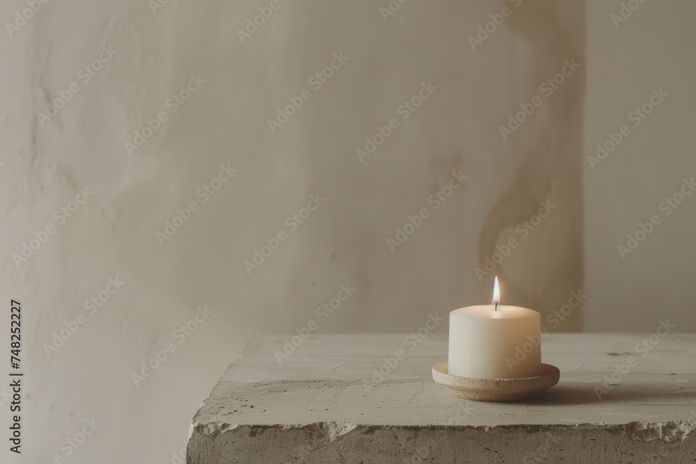 Aufkleber A single burning candle on a rough concrete surface brings a sense of warmth and simplicity against a muted wall