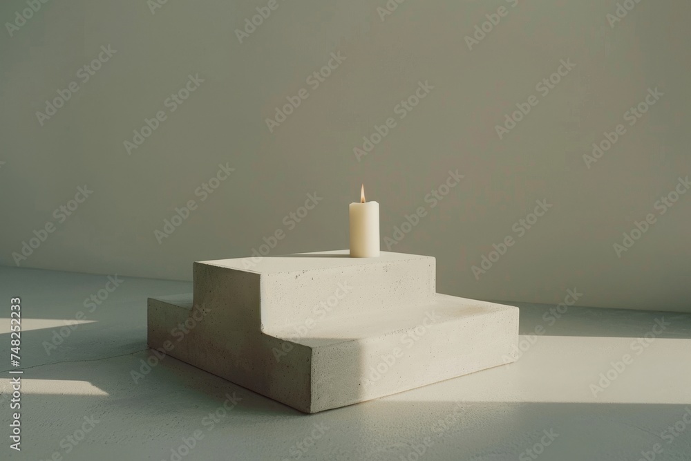 Poster a single candle stands elegantly atop a minimalist geometric platform, casting soft light on a plain