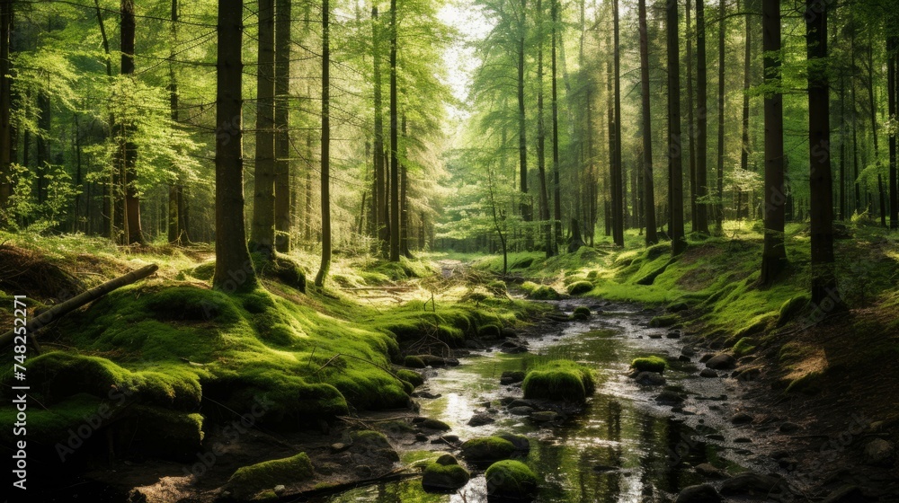 Poster the sun shines through the tall trees in the forest. a small river flows through the middle of the f