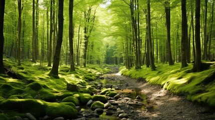The lush green moss and trees of this beautiful forest create a magical atmosphere. - obrazy, fototapety, plakaty