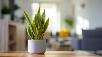 Healthy Potted Plant on Wooden Table in Living Room
