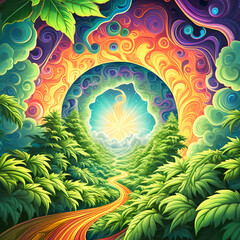 An otherworldly portal opens within the swirling patterns of a cannabis leaf. DMT art style