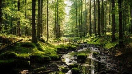 The sun shines through the tall trees in the forest. A small river flows through the middle of the forest. The trees are covered in moss.