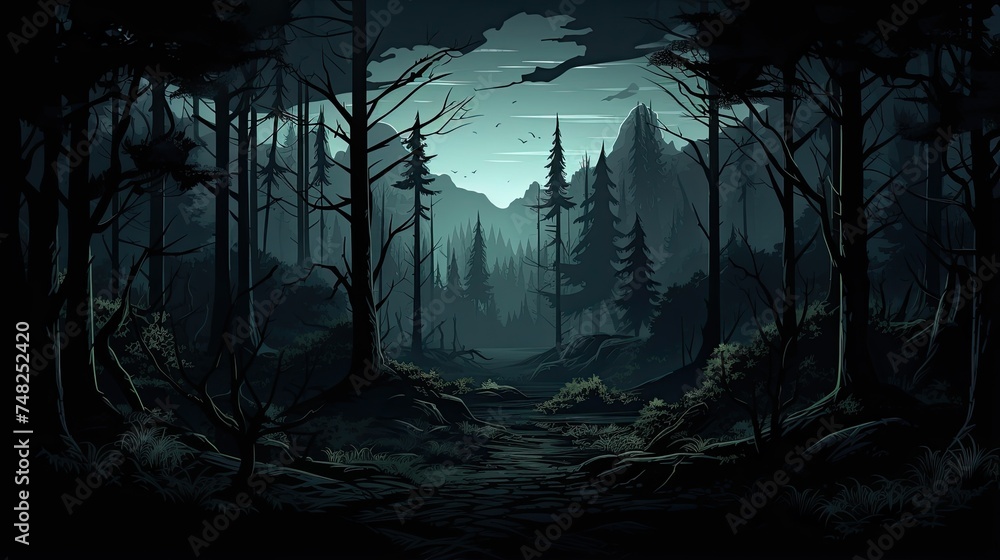Wall mural a dark and mysterious forest with a path leading through it.