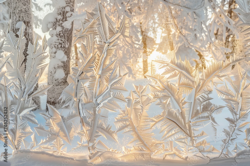 Poster intricate frost patterns on a window with a warm sunlight background suggesting a cold winter day