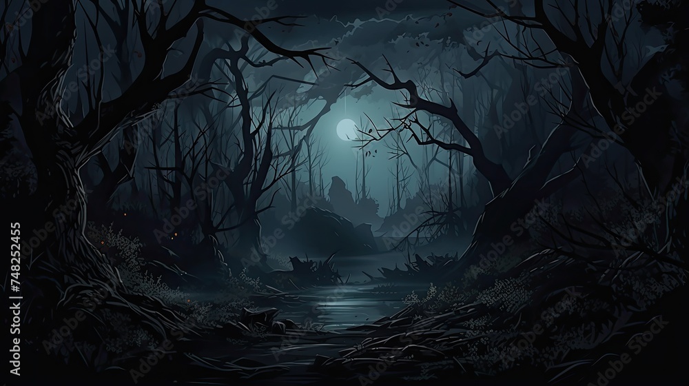 Poster a dark and mysterious forest with a full moon shining through the trees.