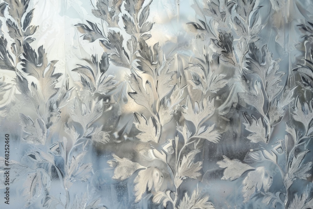 Poster Close-up image showcasing detailed frost leaf patterns spreading artistically across a cold windowpane