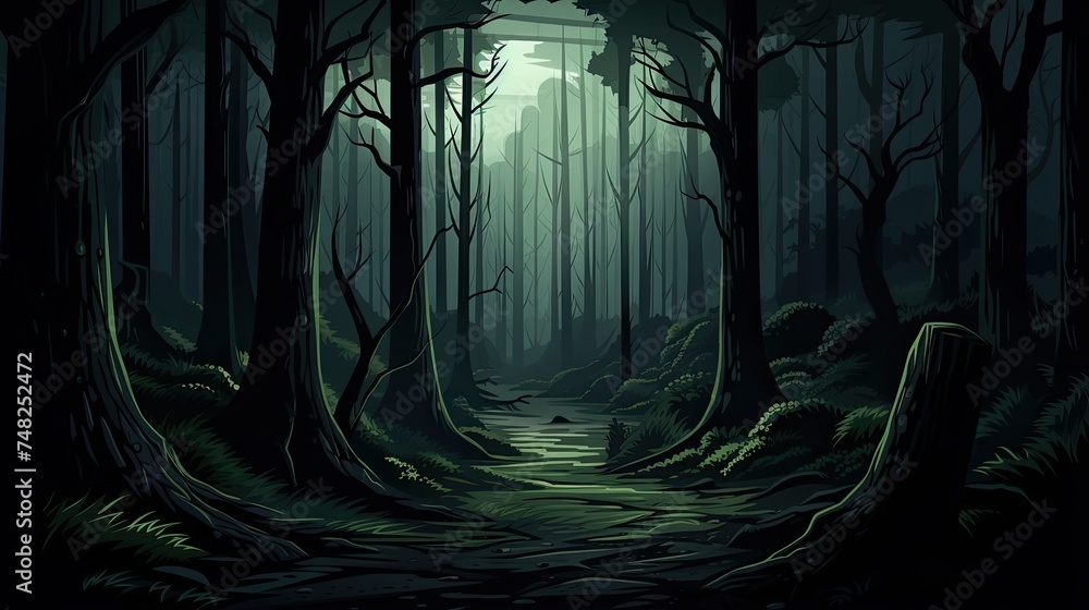 Poster a dark and mysterious forest with a path leading into the unknown.