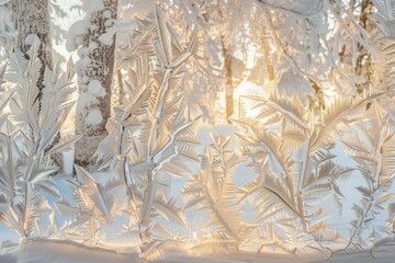 Intricate frost patterns on a window with a warm sunlight background suggesting a cold winter day