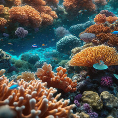 Obraz premium simulation of microscopic aquatic AI entities engaging in a symbiotic relationship with coral reefs.