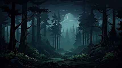 The full moon casts a silvery glow over the dark forest. The trees are tall and imposing, their...