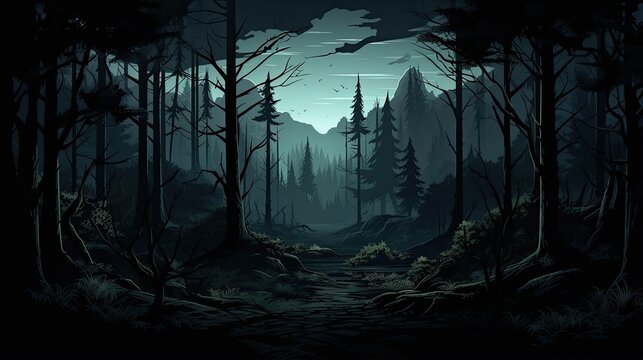 A dark and mysterious forest with a path leading through it.