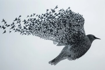 A stunning visual of starlings in a murmuration creating the silhouette of a bird against a pale sky - obrazy, fototapety, plakaty