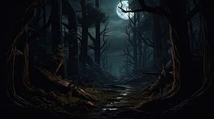 This is a dark and mysterious forest. The trees are tall and the branches are thick, creating a dense canopy that blocks out the sunlight.