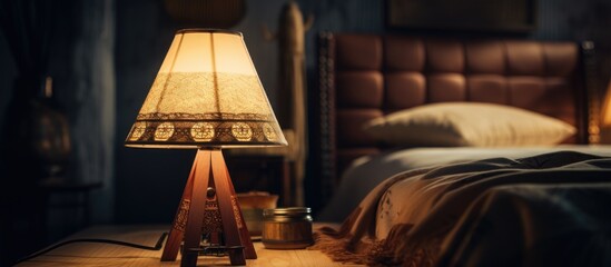A table lamp sits on a wooden table, casting a soft glow around the room. The lamps light illuminates the immediate area, providing a warm and inviting ambiance. - obrazy, fototapety, plakaty