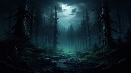A dark and mysterious forest with a full moon shining through the trees.