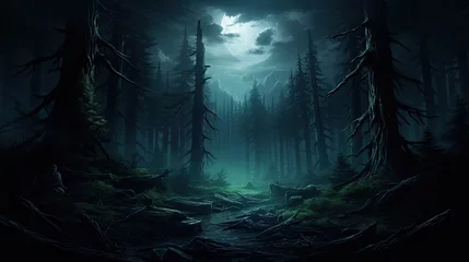 Gardinen A dark and mysterious forest with a full moon shining through the trees. © Stock