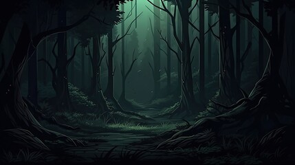 A dark and mysterious forest with a path leading into the unknown.
