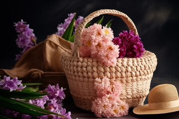 Fototapeta na wymiar Flower arrangement in Wicker basket. Beautiful bouquet of mixed flowers. Flower composition