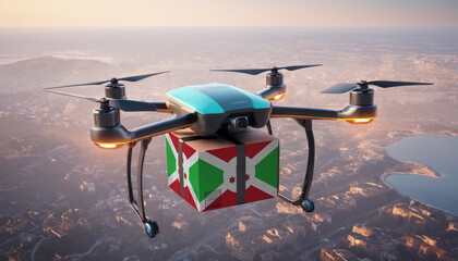 Naklejka premium Drone delivery concept. Autonomous unmanned aerial vehicle with Burundi flag used to transport packages.