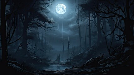 A dark and mysterious forest at night. The only light comes from a full moon, which casts a silvery glow over the trees and the water.