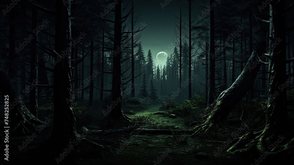 Poster this is a dark and mysterious forest. the trees are tall and the branches are thick, creating a dens
